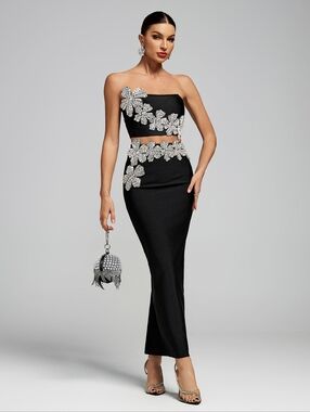 Strapless Black Midi Dress with Crystal Floral Appliqué